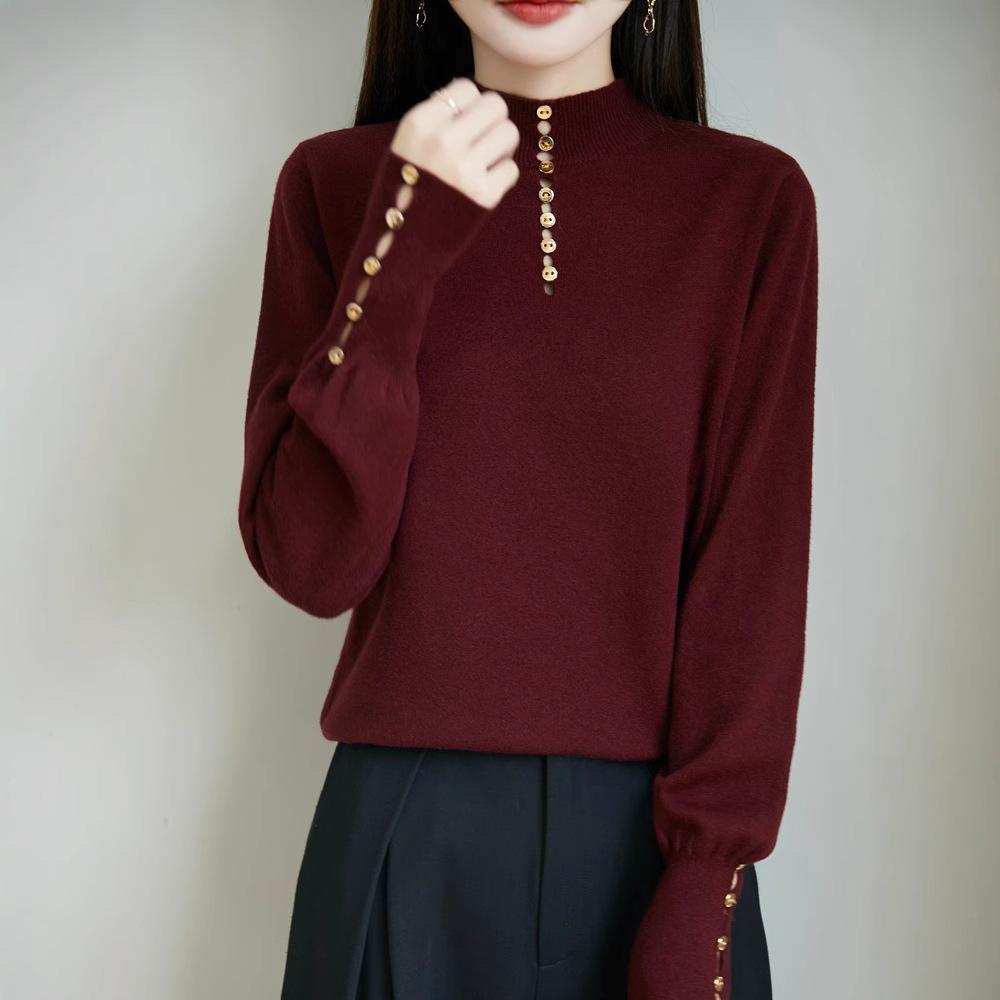 A Fashionable Semi-high Neck, Versatile Design Base Layer, Solid Color Loose and Warm Knitted Sweater for Women