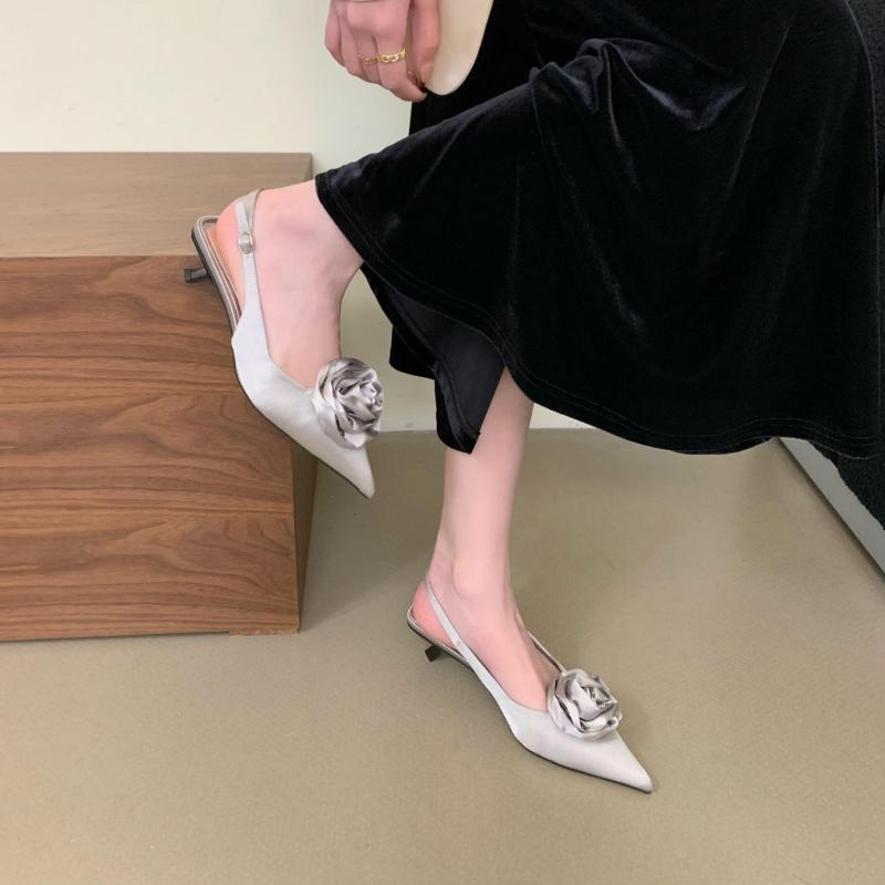 Spring and Summer French Rose Toe Sandals Womens Pointed Shallow High-heeled Shoes Slim Heels Paired with Skirts with Empty Back