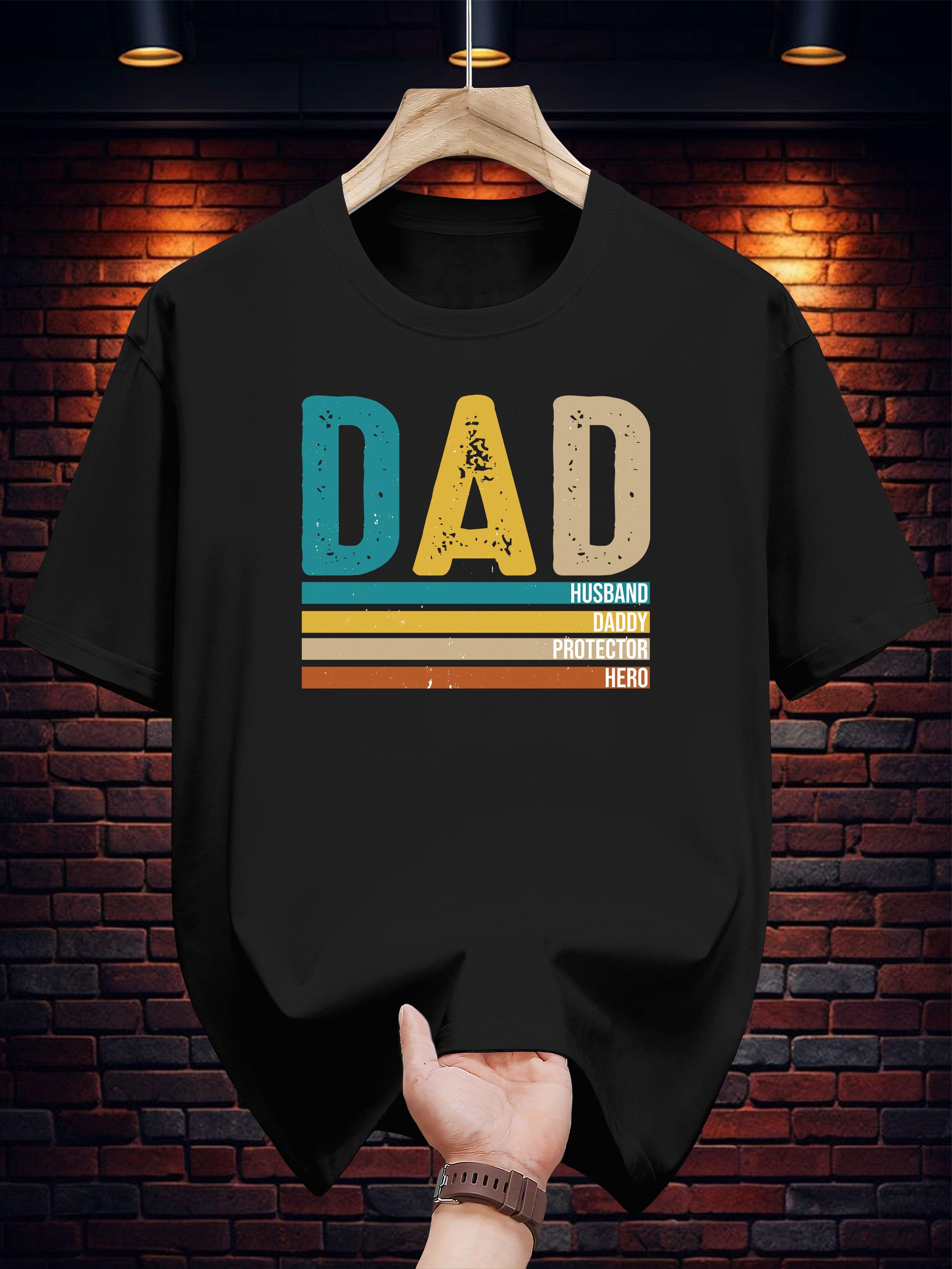 

Graphic Print T-shirt - Casual Short Sleeve Round Neck Summer Tee with Bold DAD Design & Striped Accents S