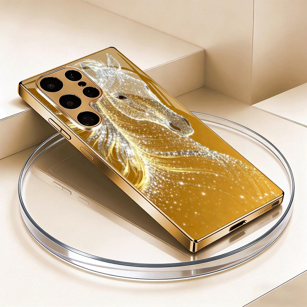 Golden Horse Pattern Tempered Glass Phone Case Suitable for Samsung Galaxy S26 S25 S24 S23 S22 S21 S20 FE/Ultra/Plus5G Anti Drop