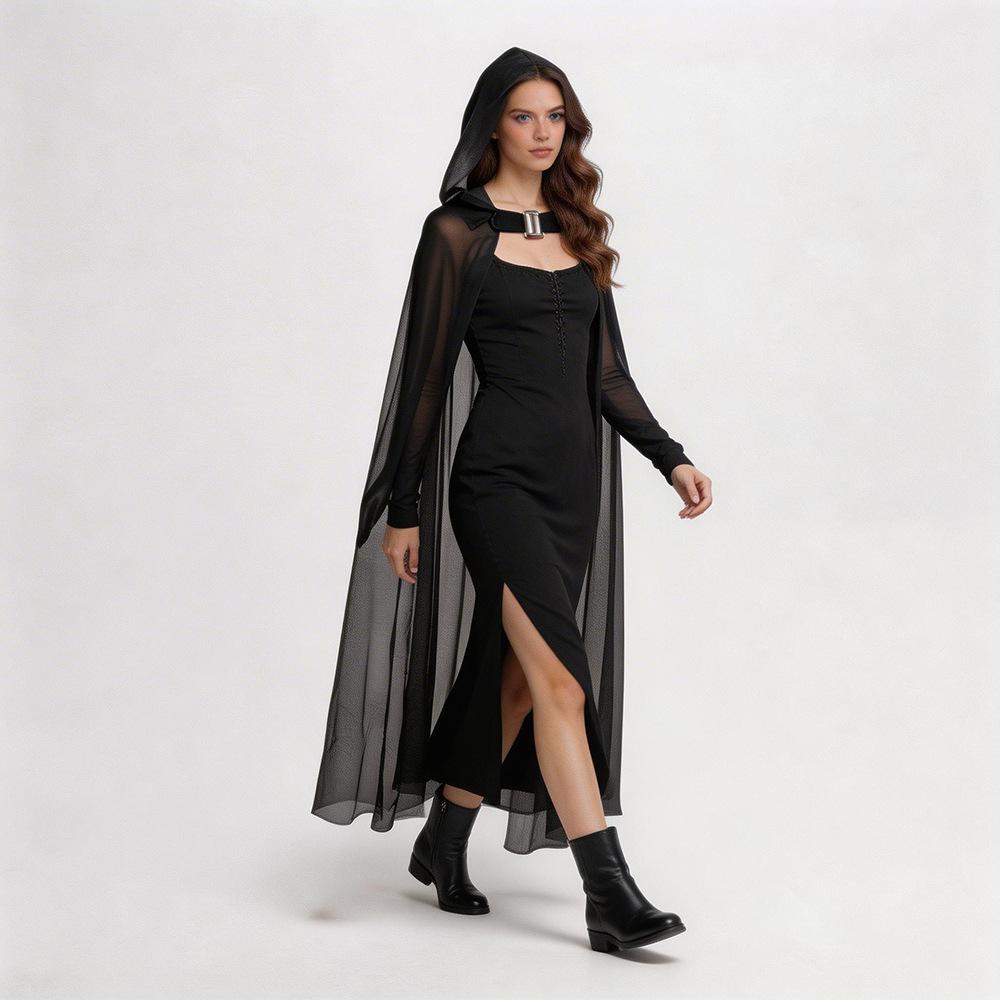 Halloween Grim Reaper Witch Mesh Long Cape Party Performance Costume Cosplay Wizard Cloak Black One Size