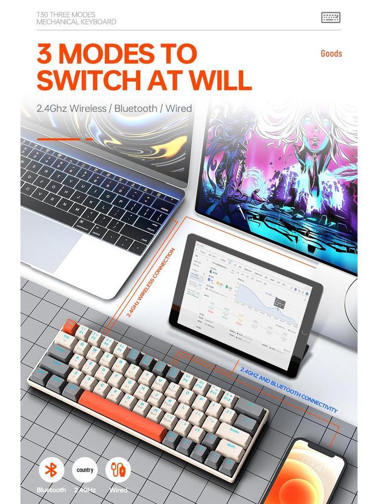 T-WOLF T30 Wireless RGB Mechanical Gaming Keyboard - Bluetooth, Three Modes, Blue Switches