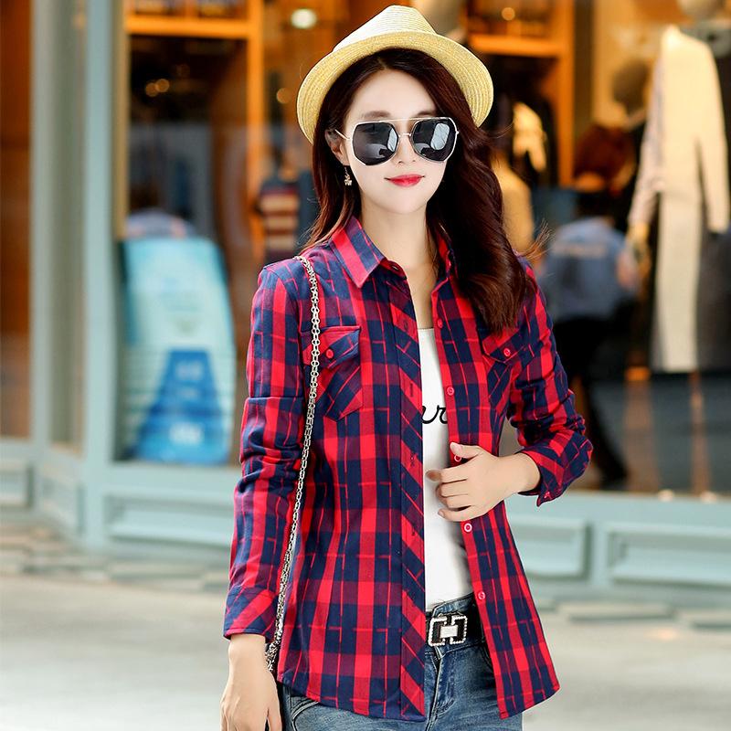 New Cotton Women's Shirts Grid Plus Size M-5XL Blouse Shirt Casual Long Sleeve Checkered Shirt  Turn-down Collar Streetwear