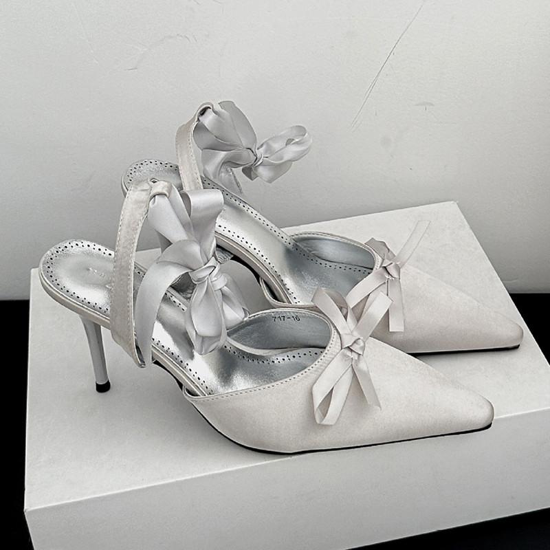 Fashion Fashion Bowknot Satin Ankle Strap Women Pumps Elegant Pointed toe Stiletto High heels Female Slingbacks Wedding Prom Shoes