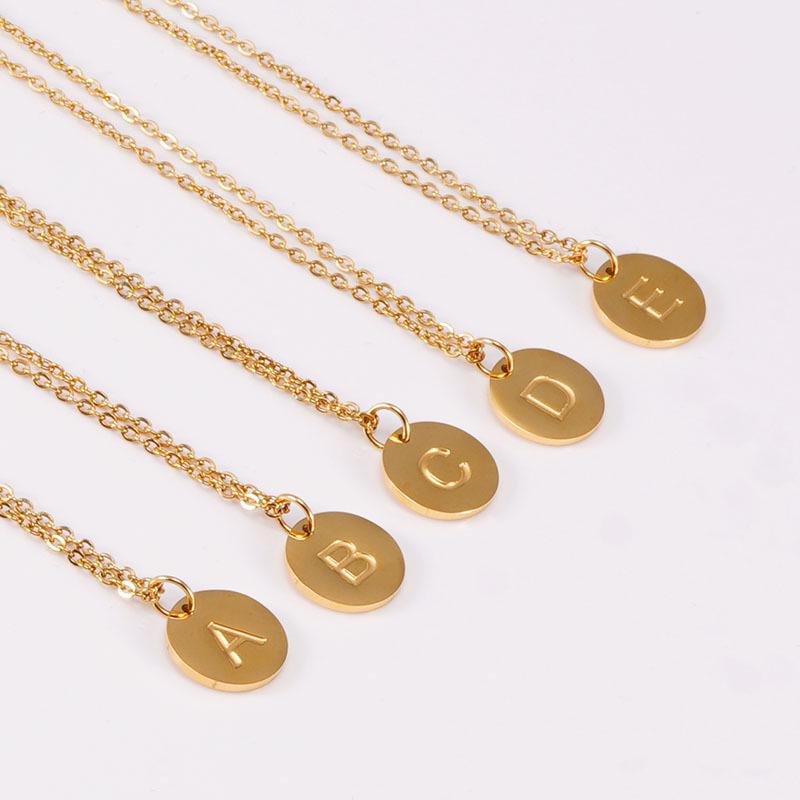 18K Gold Stainless Steel Minimalist Letter Necklace with 26 Round Pendant Options