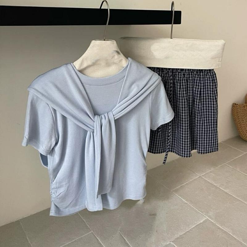 Simple Korean Round Neck Short-sleeved Women's Summer New Niche Design Shawl Top Trendy