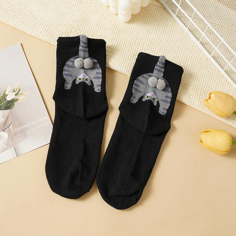 Cartoon Cat Egg Socks Soft Breathable Cute Mid Tube Cotton Socks 3D Cat Egg Balls Unique Design Trendy Funny