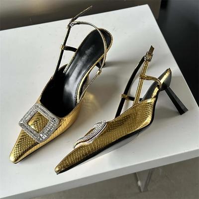 Fashion 2024 Sexy Gold Silver Pointed Toe Buckle Strap Thin Heels Wedding Prom Shoes Fashion Rhinestone Designer Slingbacks Women Pumps