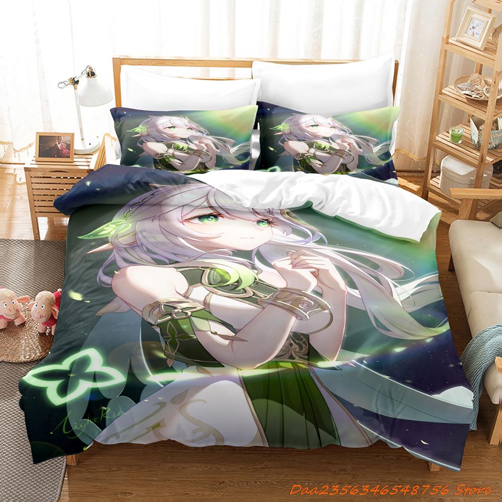 New Game Nahida Genshin Impact Bedding Collection Cartoon Anime ThreePiece Set Adult Kid Bedroom Duvetcover Collections 3D Kawaii Girls