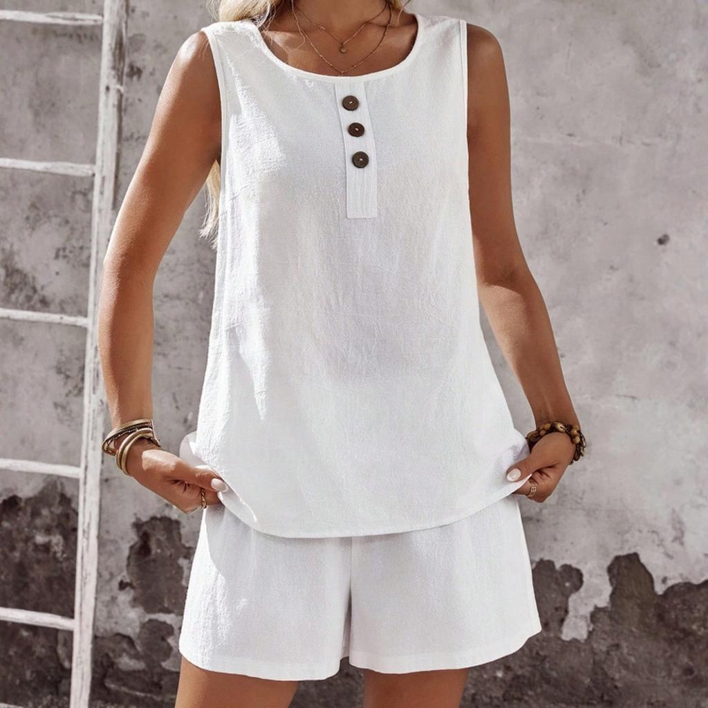 Women's Casual And Fashionable Round Neck  Sleeveless Shorts Two-piece Set