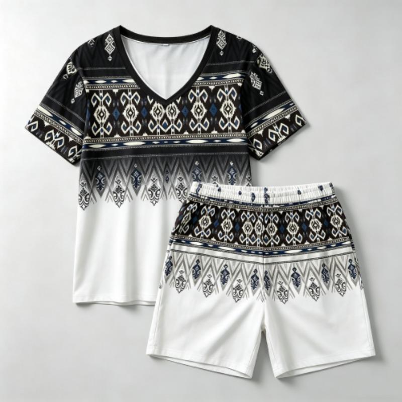 Summer Fashion Bohemian Style Geometry Pattern Printed V- Neck Short Sleeved T-Shirt And Shorts Set Women's and Men's T-shirt Shorts Set