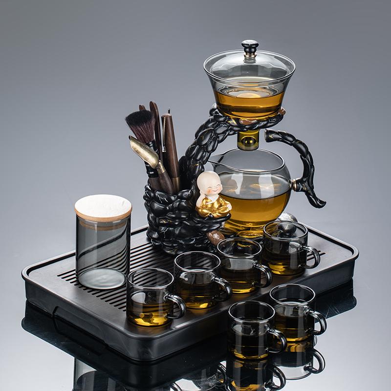 Magnetic lazy tea set 1 set - automatic little monk glass teapot, tea cup, tea can, tea tray Chinese Kung Fu tea set