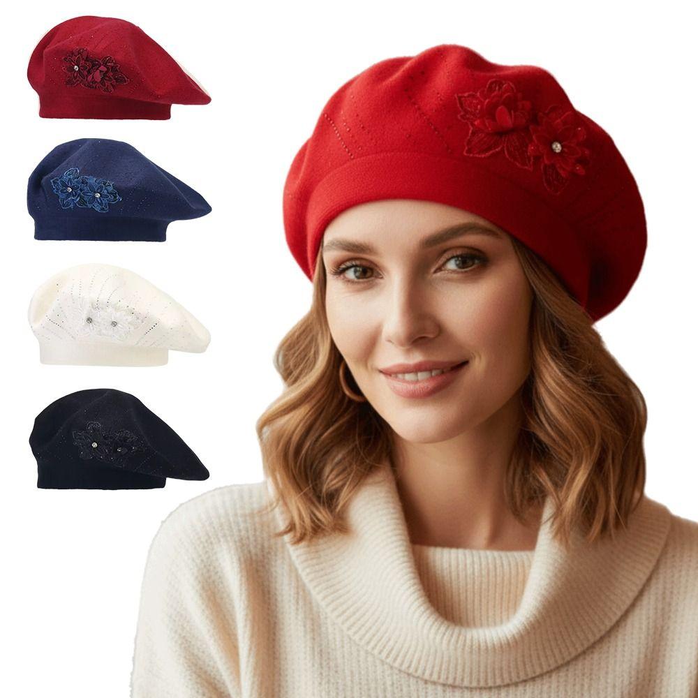 Flower Embroidery Women Beret Button Design Thick Material Woolen Hat Ear Protection Keep Warm Octagonal Hat Outdoor Activities