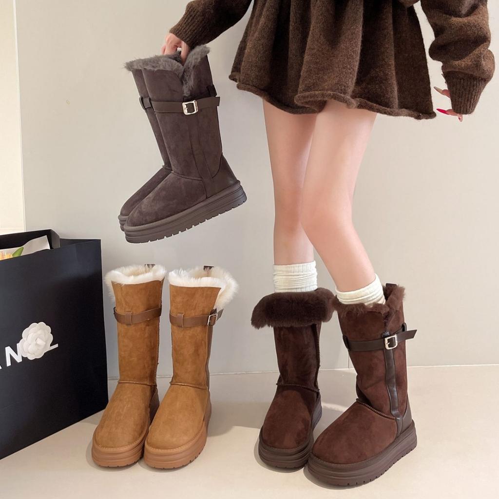 Muse Leather Buckle Two Wear Fur Integrated Snow Boots 2025 New High-top Women's Winter Cotton Shoes Boots