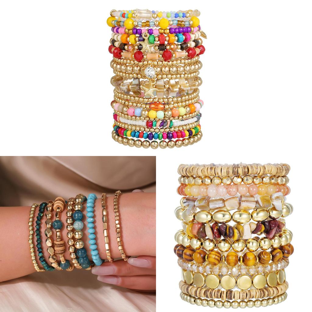 Bohemian Style Handmade Beaded Bracelets Set With Wooden Shell Glass Beads For Beach Vacation Gift