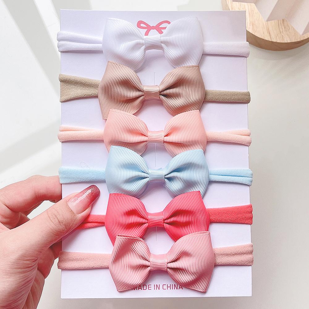 6Pcs/set Solid Color Grograin Ribbon Bowknot Headband For Girls New Headwear Elastic Hair Bands Infant Kids Hair Accessories