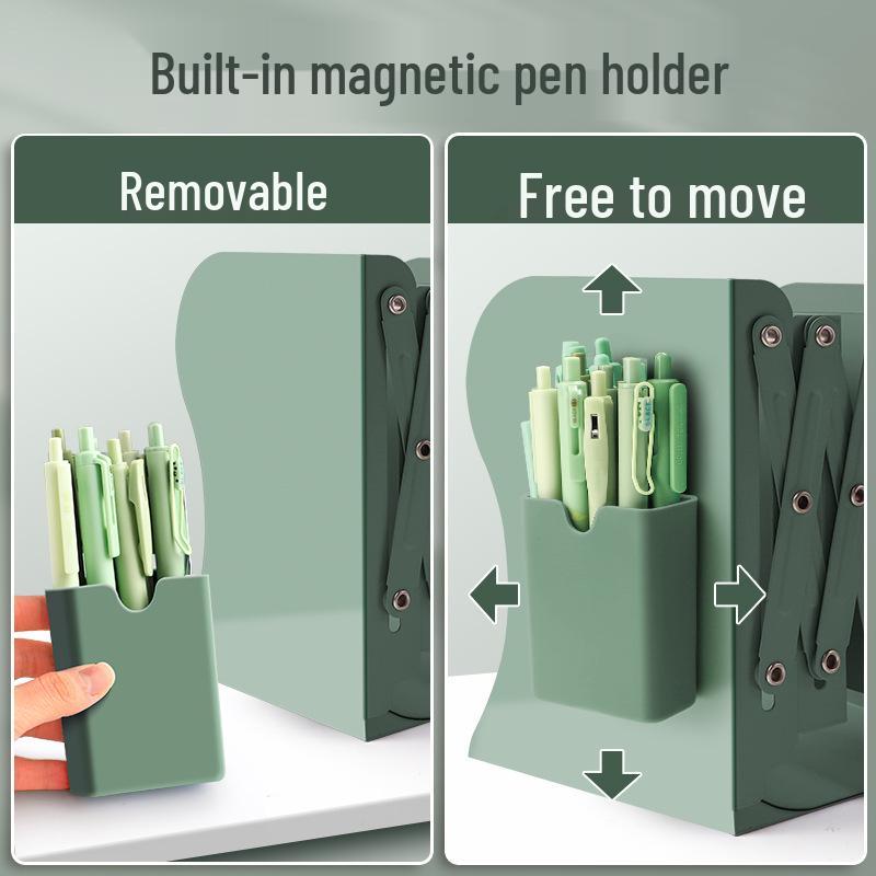 Retractable Bookend with Pen Holder - Foldable Desktop Bookshelf and Divider