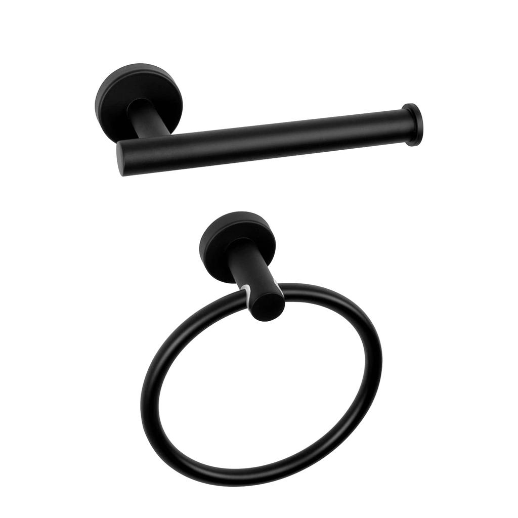 2-piece Stainless Steel Bathroom Accessories Set Including Black Toilet Paper Holder and Black Towel Ring Wall Mounted