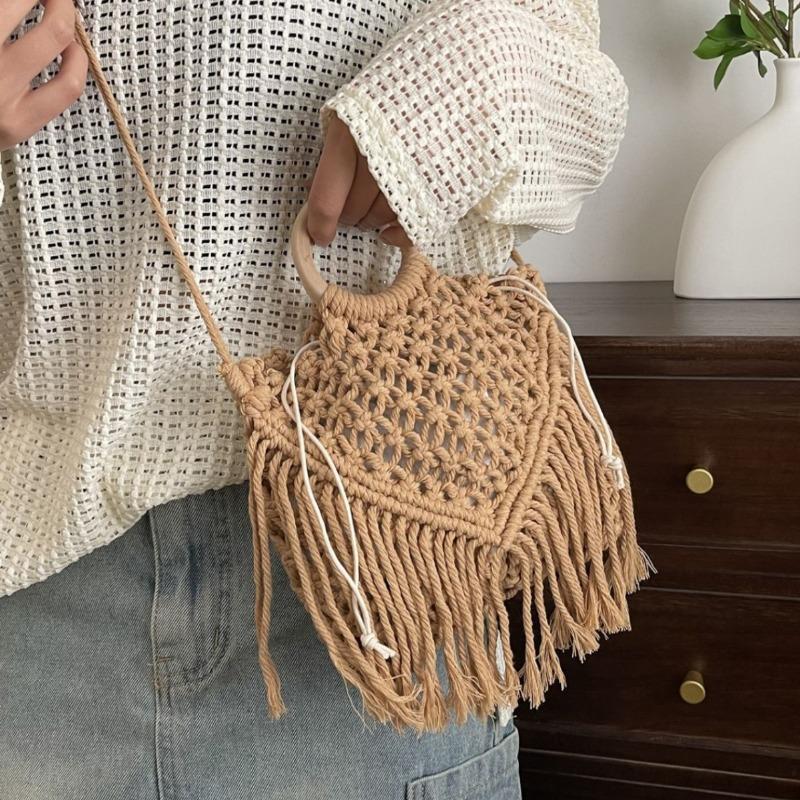 Boho Fringe Woven Bag Summer Fashion Hollowed Out Tote Pastoral Crossbody Shoulder Bag