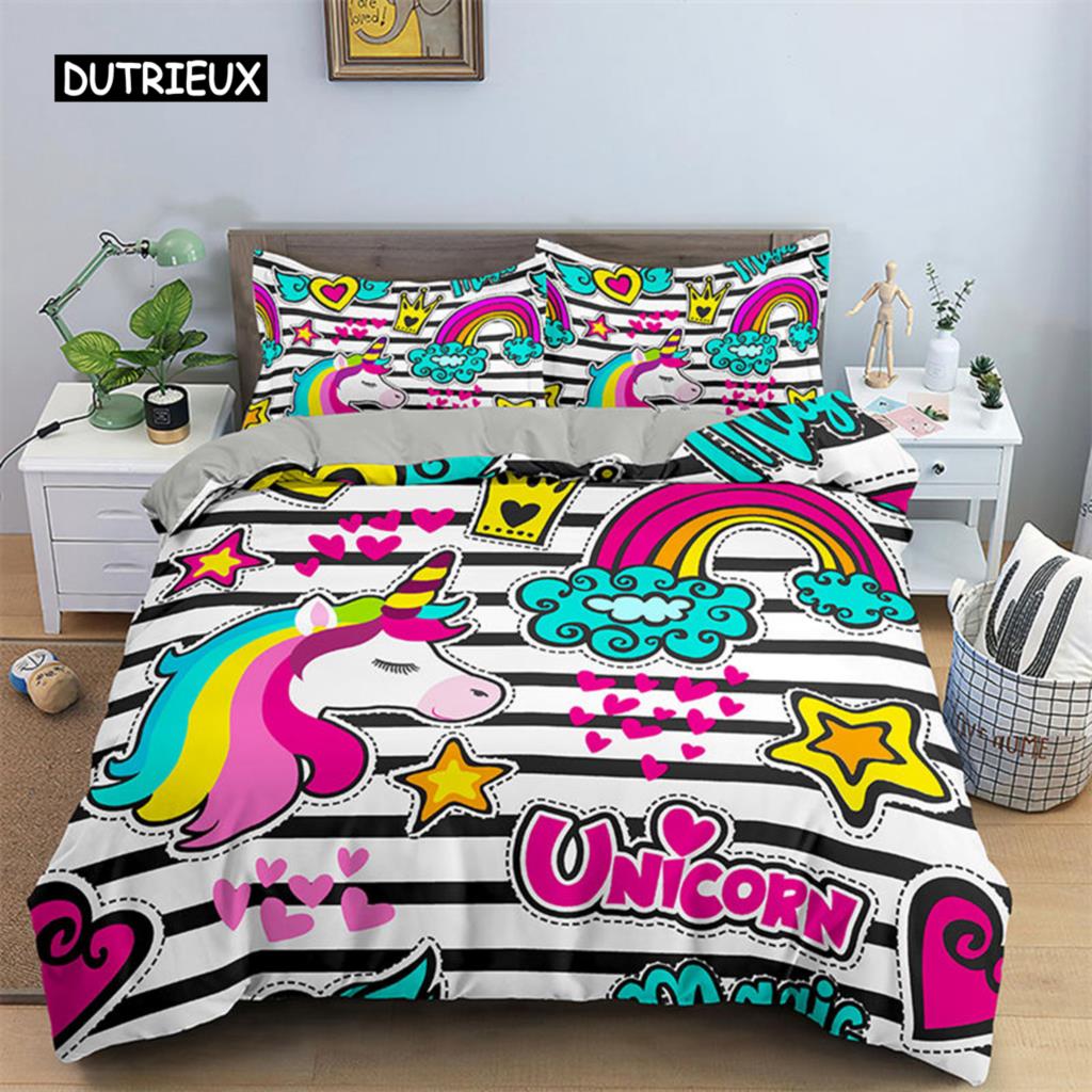 3D Unicorn Duvet Cover Cartoon Style Bedding Set Luxury Twin Full For Kids Boys Girls Microfiber Comforter Cover Home Textile