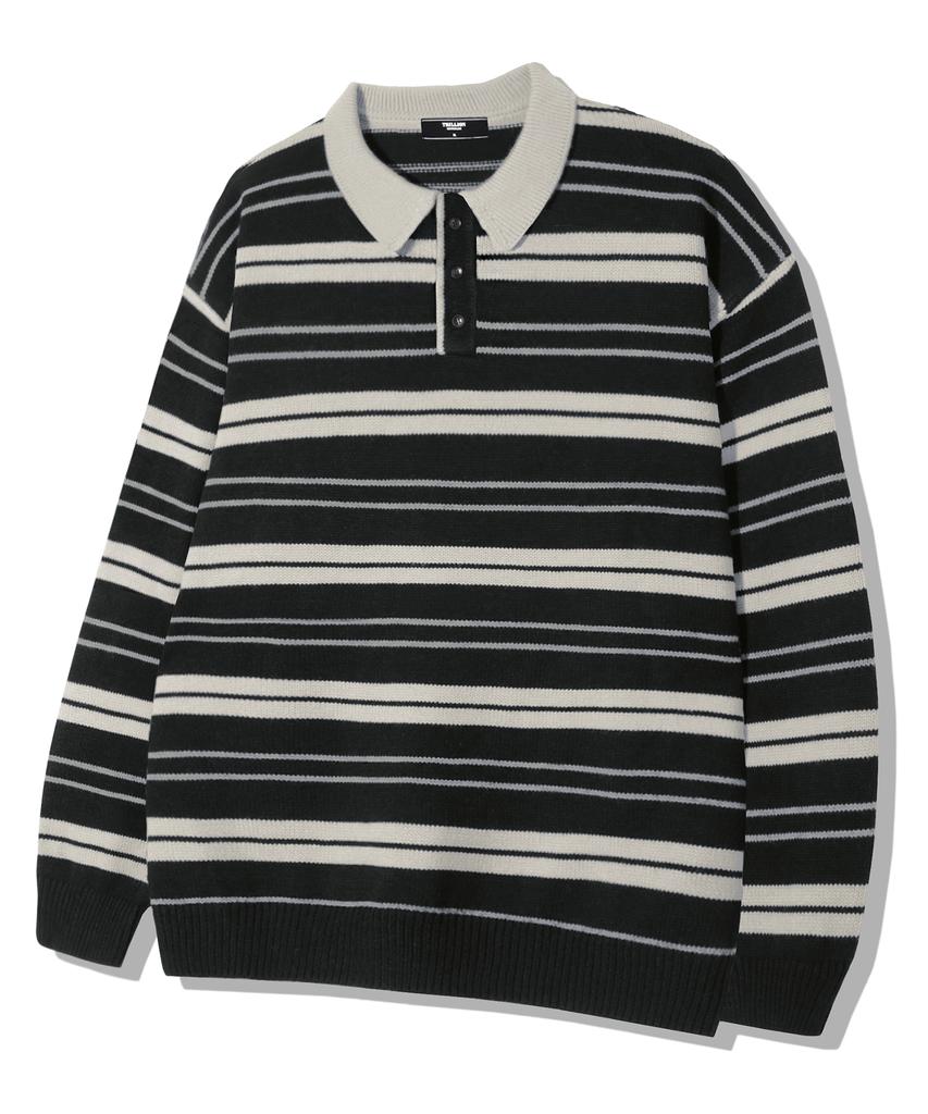 TRILLION Washable Striped Button Collar Neck Knit [Black]