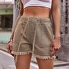 High-Waisted Elastic Waist Denim Shorts with Drawstring and Frayed Hem - Trendy Women's Casual Wear