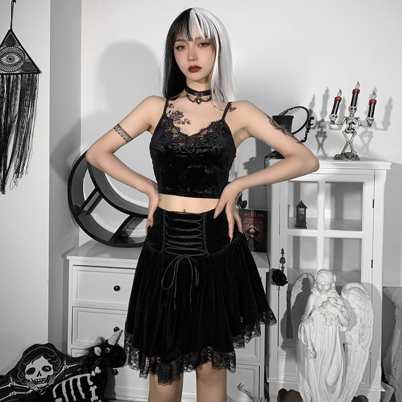 Gothic Vintage Black Lace Up Skirt Girl Croset Velvet Party Mini Skirts Streetwear