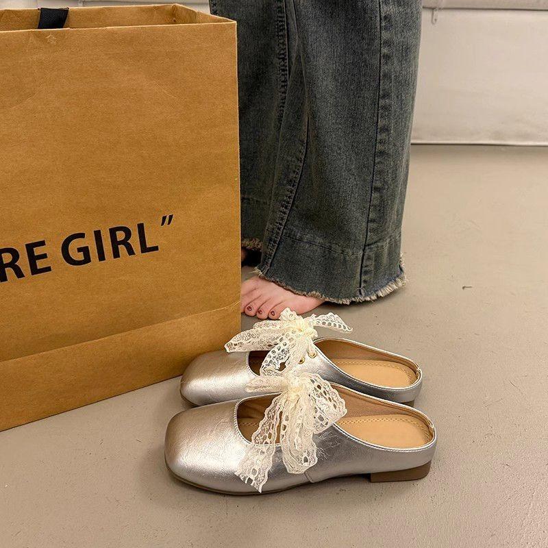 Flat bottom Mary Jane cool slippers women's lace bow soft bottom bag head slippers new summer