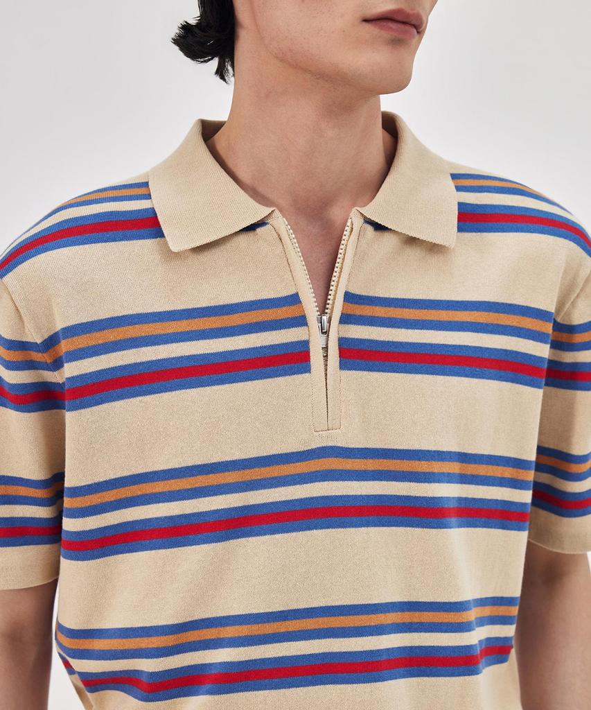THEKNITCOMPANY Orea Stripe Zipper Polo Shirt - Peyote Beige