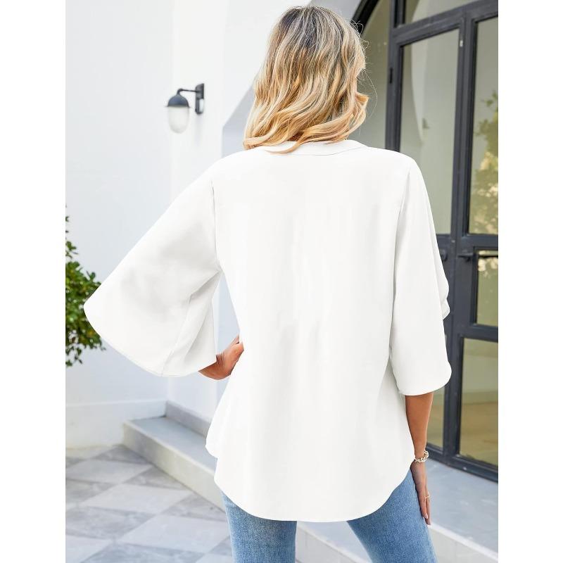 Summer V-neck Loose Casual Office Women Blouse Elegant Petal Short Sleeve Ruffled Chiffon Top Fashion Female Solid Color Simple Shirts Women Vlothing