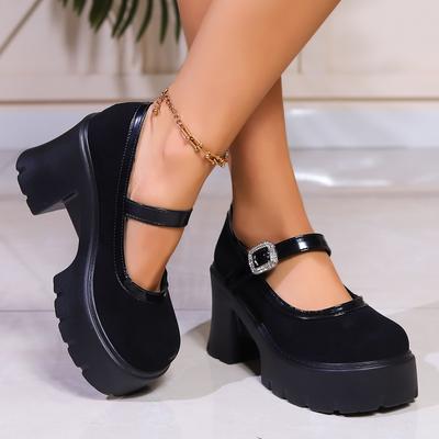 Mode Femmes Cristal Talons Carrés Mary Jane Escarpins Noir Plateforme Haute Chaussures à Talons Femme Élégant Sangle Cheville Talons Épais Chaussures de Fête