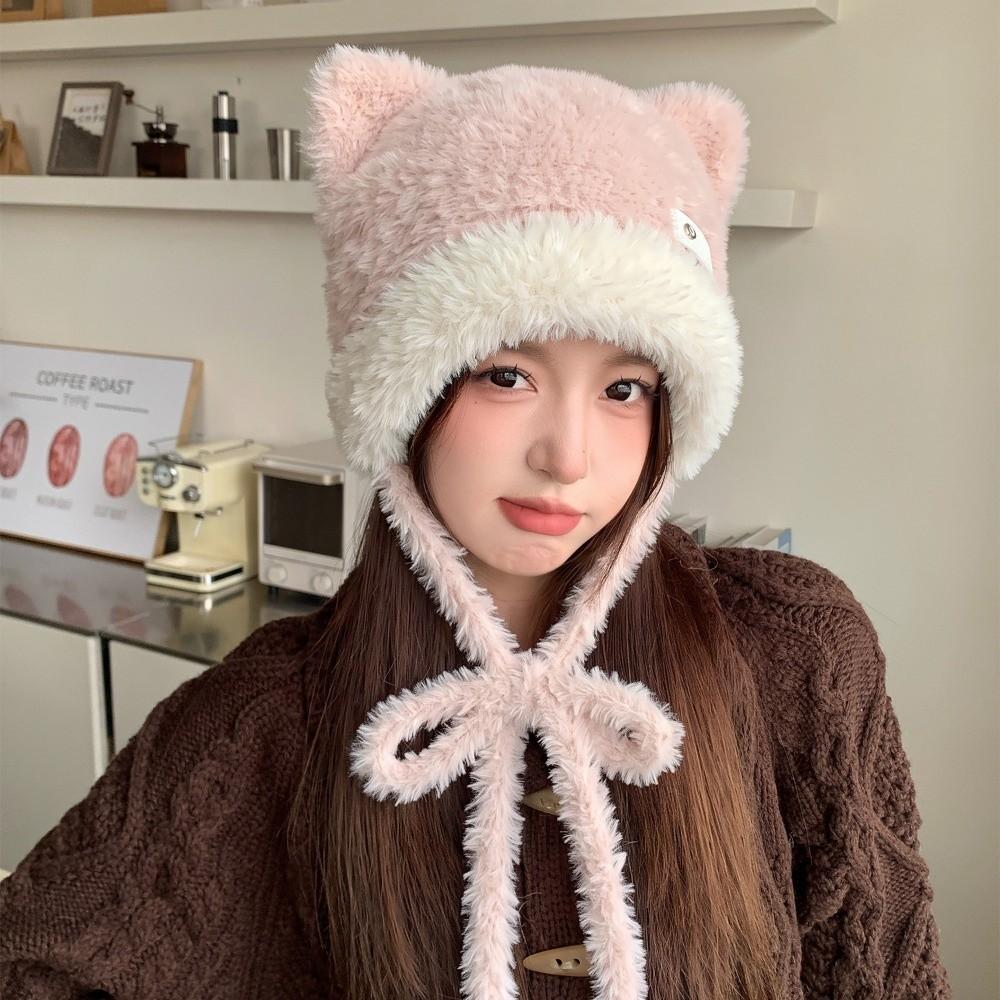 Bear Ear Fuzzy Ear Flap Hat 56-59CM Winter Thermal Hat Cute Plush Trapper Hat Outdoor Use