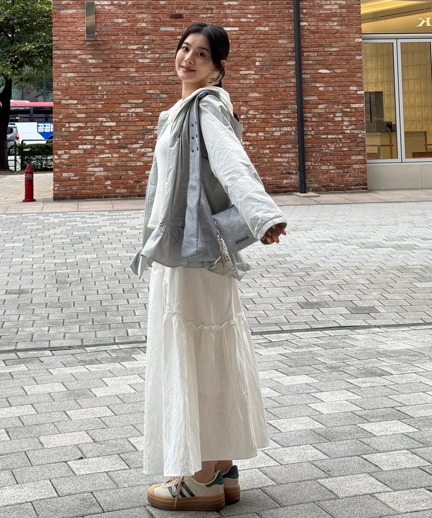 Place Studio Lace Shirred Ribbon Cotton Elastic Long Tiered Skirt _2 Colors