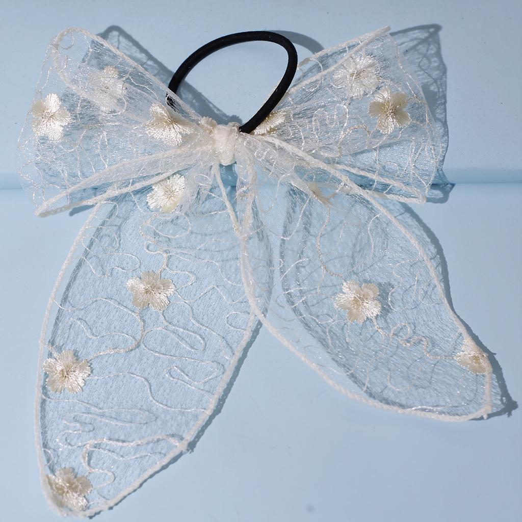 Lystrfac Spring Summer White Handmade Lace Bow Hair Ribbon Headdress Streamer Bow Scrunchies for Women Lolita Hair Accessories