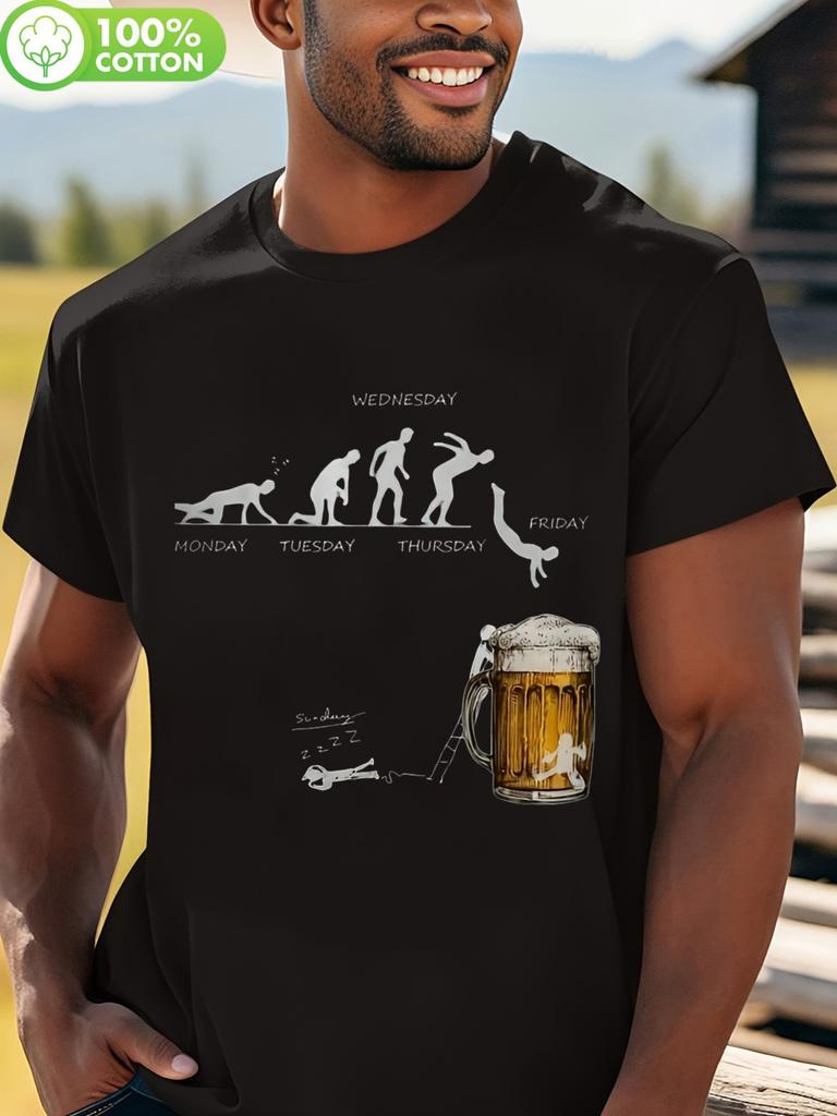 Humorous "Monday to Friday Evolution & Weekend Beer Mug" Graphic T-shirt - Breathable 100% Cotton