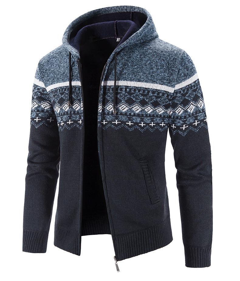 Men's Autumn Winter Zippered Hooded Sweater Cardigans - Thick Patterned Warm Knitwear for Casual Style