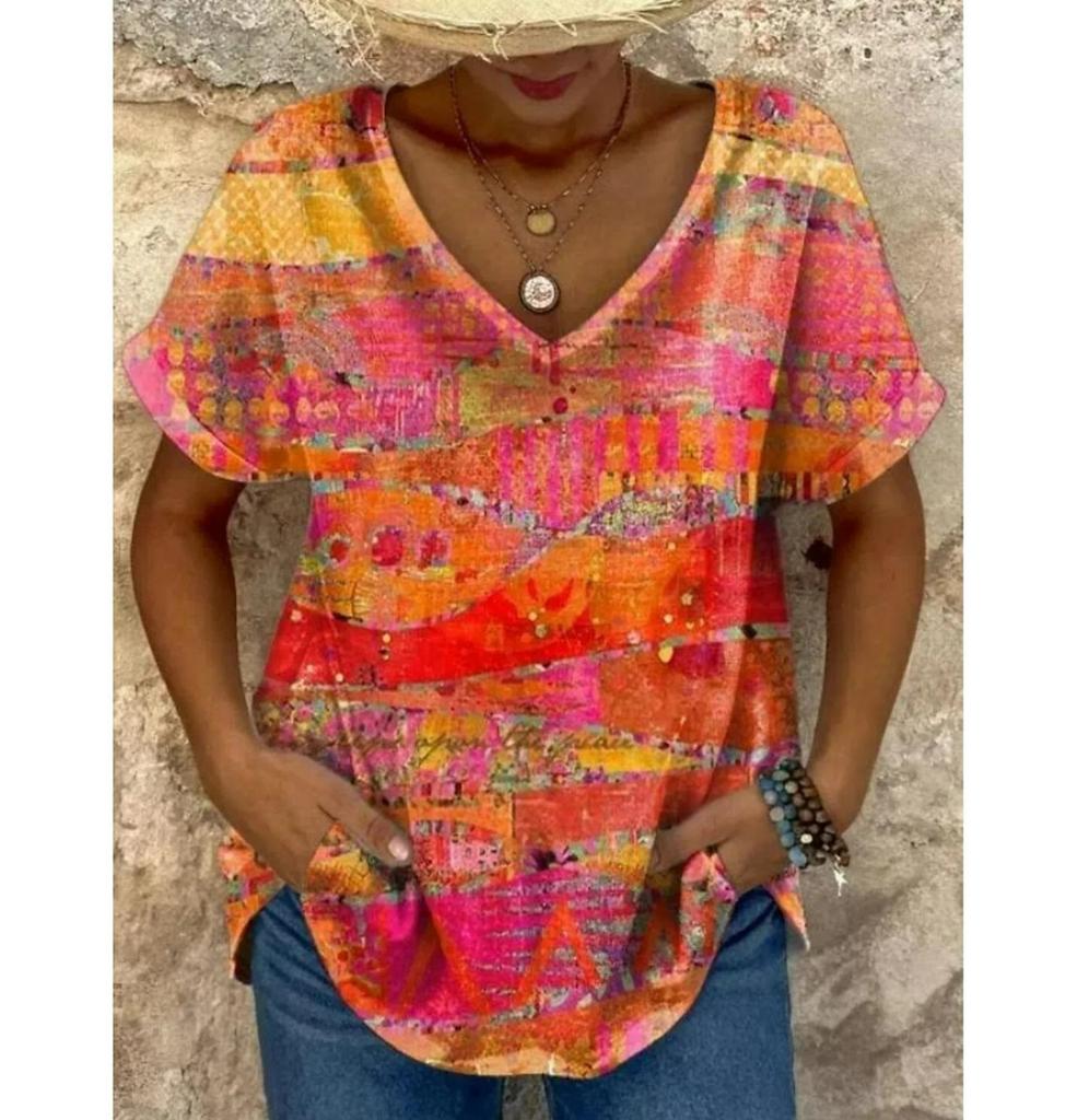 Plus Size Women's T-shirt Vintage Flower Graphics Fashion Short Sleeved V-Neck Tops Summer Casual Tees Women Clothing