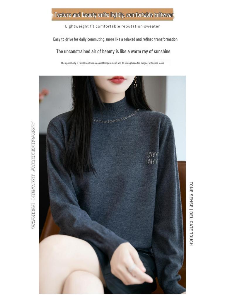 Autumn/Winter Rhinestone Semi-High Neck Knitted Sweater Top for Women