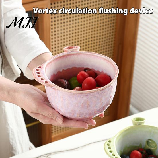 Easy Clean Berry Container Ceramic Washing Bowl, Swirl Design Fruit Rinse Colander with Handle Handmade Serving Bowl And Drain Holes, Cleaning