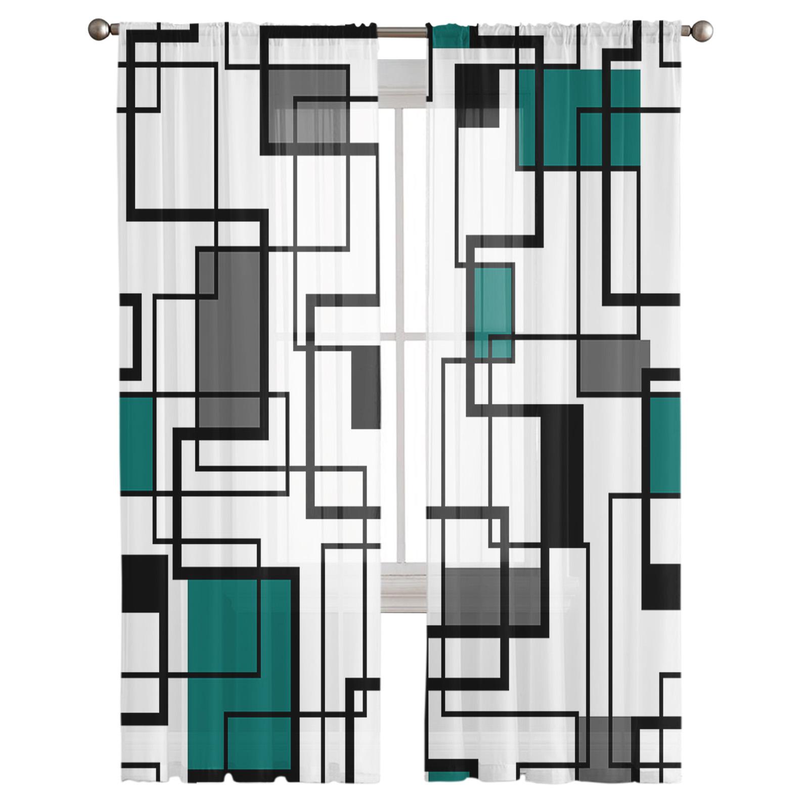 Абстрактная Геометрия Аква Утка Зеленая Прозрачная Вуаль Шторы на Окне Тюлевые Шторы — фото 3