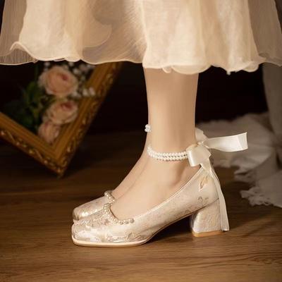 Spring and Summer Women's Single Shoes Thick Heel Republic of China Style Shoes with Cheongsam Versatile Temperament Ancient Hanfu Wedding Bridesmaids