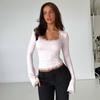 T-shirt da Donna 2025 Stile Europeo & Americano con Bordi in Pizzo, Manica Lunga, Autunnale, Snellente, alla Moda