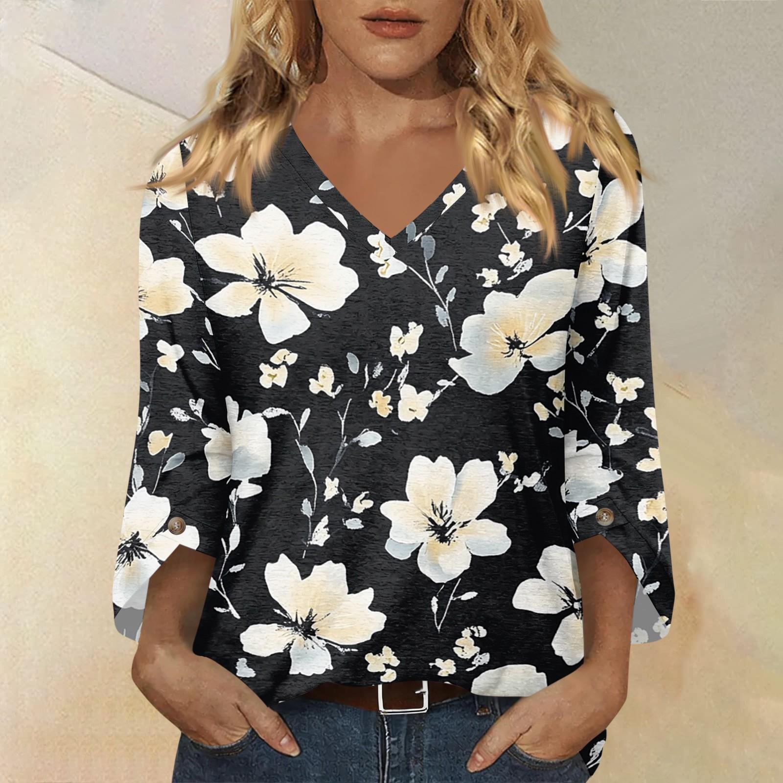 

Womens Floral Print V Neck Three Quarter Sleeve Loose Fit Casual Top Lightweight Pullover Blouse for Daily Wear Office Travel XL білий