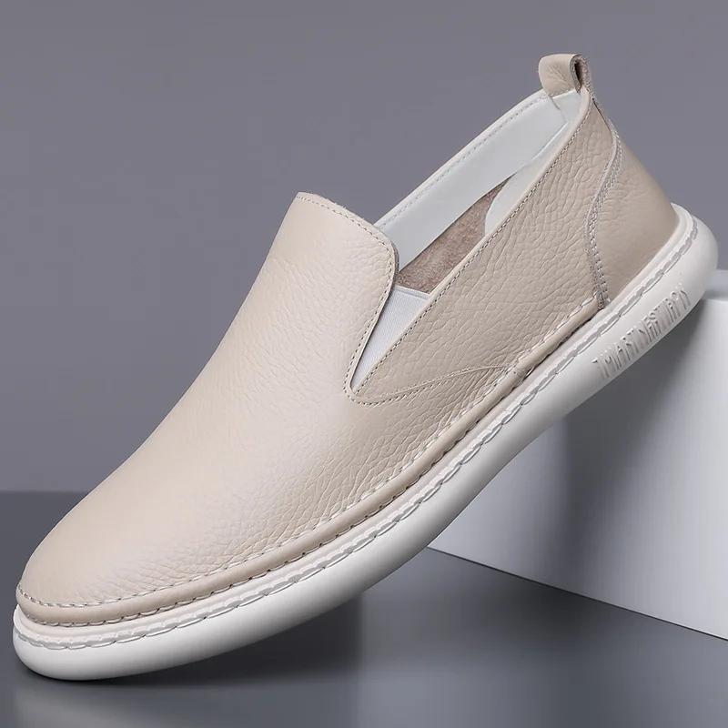 

New Men Genuine Leather Casual Shoes Concise Soft Sole Flat Shoes Fashion Slip-on Loafers 44 бежевий