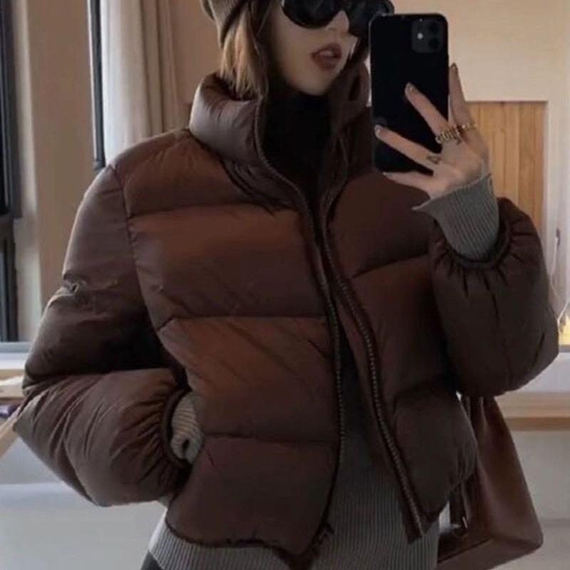 White Duck Down Jacket Women's Short European Version Coffee Color Loose Stand-up Collar Thickened High Waist Bread Jacket Cold Protection