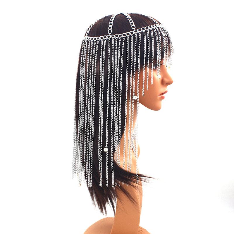 Exaggerated Long Tassel Aluminum Chain Headpiece with Pearl Pendant for Women