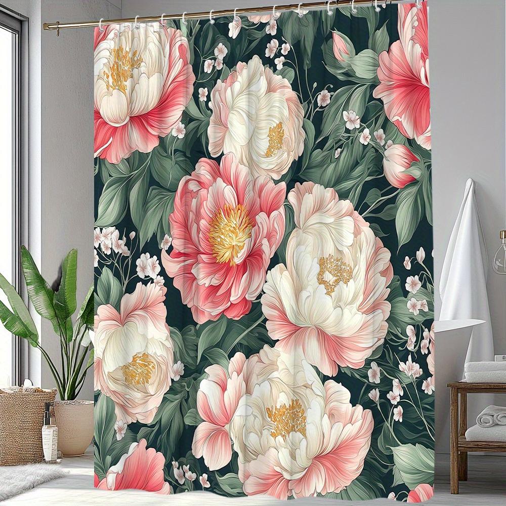 1Pc Floral Shower Curtain, Elegant Peony Chinese Pattern Bath Partition Hanging Fabric For Bathroom Decor, Polyester Material