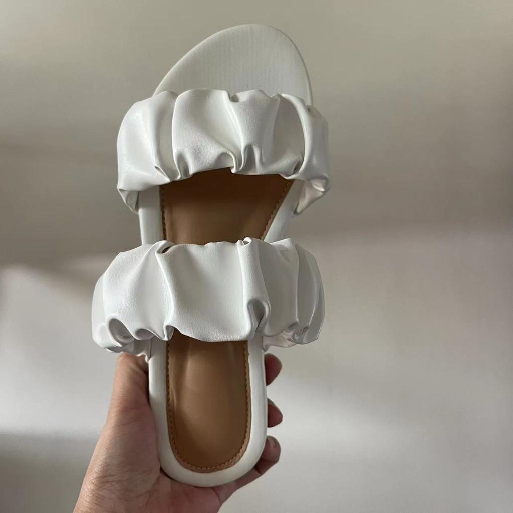 Fashion 2024 Women's Summer New Double-layer Leather Sandals Pleated Flat Bottomed Women's Outdoor Beach Outdoor Slippers