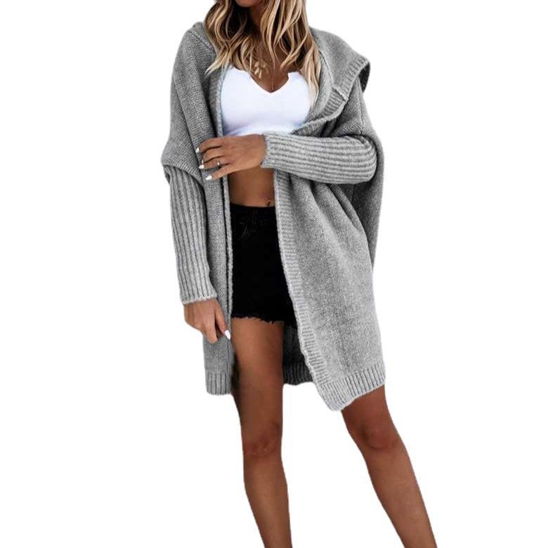 Women's Solid Color Casual Knit Hoodie Sweater Coat - European American Style