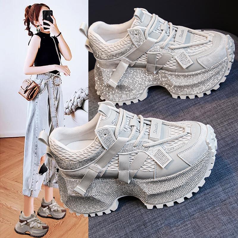 Rhinestone Heavy Industry Dad Shoes Girl 2025 Spring and Autumn New Thick-soled Heightened Color Matching Sports and Leisure Shoes Are Popular